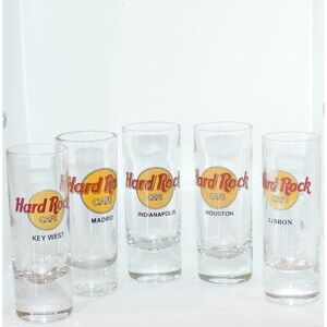 Set Of 5 HARD ROCK CAFE 4” Shot Glasses - Lisbon, Madrid, Key West, Houston, Ind